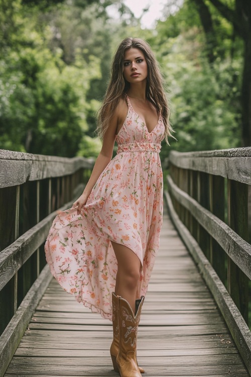 A woman dressed in a flowy pink floral maxi dress and tan ankle cowboy boots, posing on a wooden bridge in a park