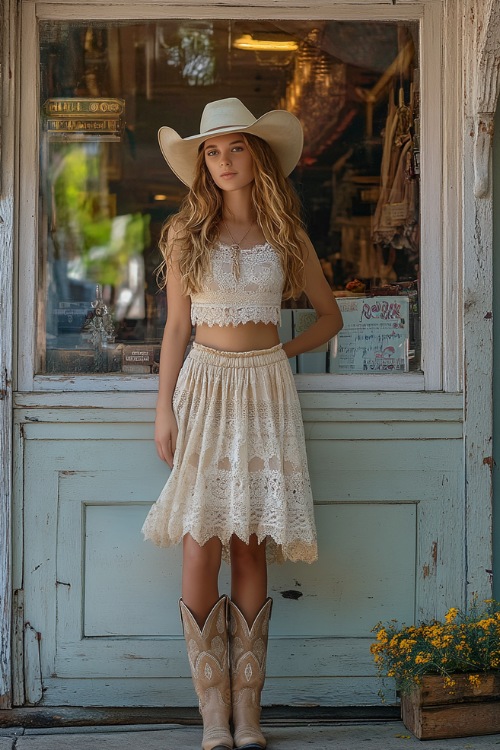 A woman dressed in a lace midi skirt, a sleeveless pastel top, and beige cowboy boots, standing by a charming Nashville boutique (2)