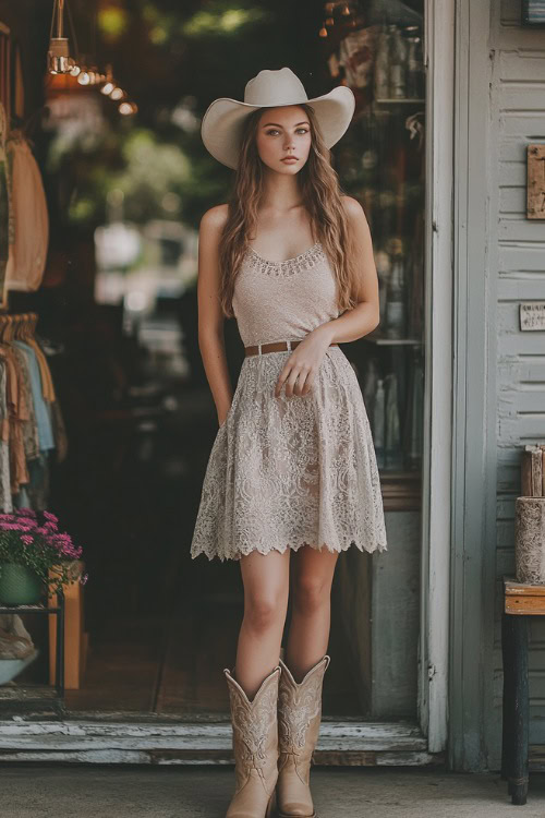 A woman dressed in a lace midi skirt, a sleeveless pastel top, and beige cowboy boots, standing by a charming Nashville boutique