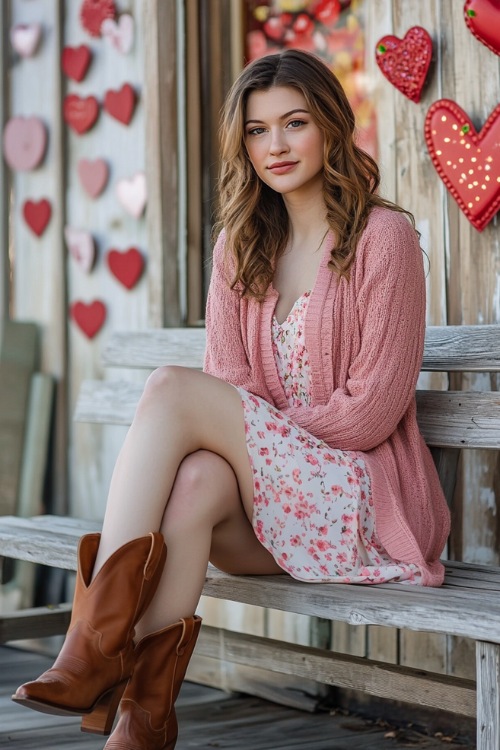 A woman dressed in a soft pink cardigan over a floral midi dress and brown cowboy boots