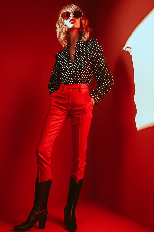 A woman in a black and white polka dot blouse paired with red tailored pants and black cowboy boots (2)