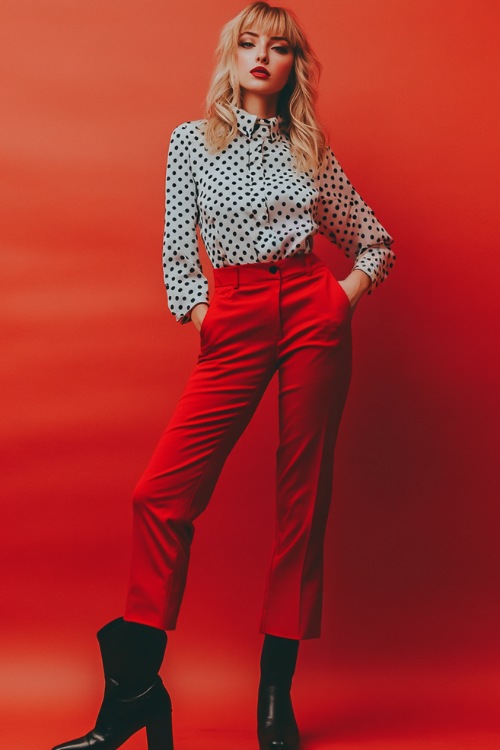 A woman in a black and white polka dot blouse paired with red tailored pants and black cowboy boots