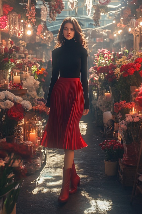 A woman in a black turtleneck paired with a red pleated skirt and red cowboy boots