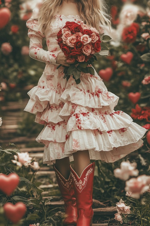 A woman in a blush pink floral midi dress with a tiered skirt and red cowboy boots