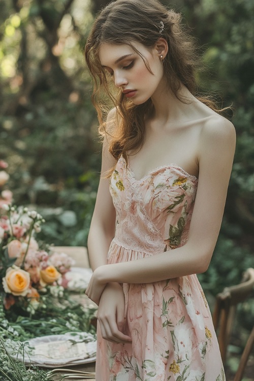 A woman in a blush pink knee-length sleeveless dress with a gathered waist, floral prints, and subtle lace detailing