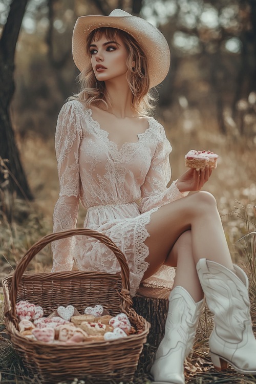 A woman in a blush pink lace midi dress and white cowboy boots, sitting beside a picnic basket filled with Valentine treats