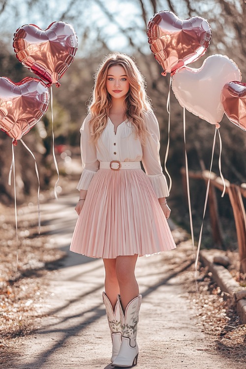 A woman in a blush pink pleated skirt paired with a white blouse and white cowboy boot