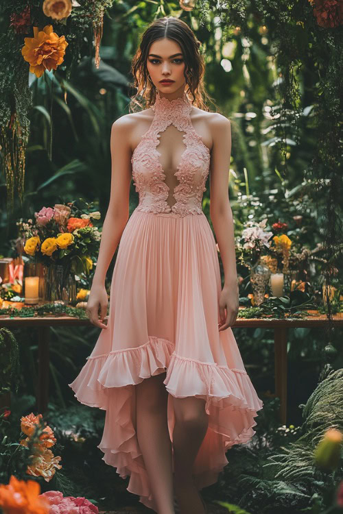 A woman in a blush pink short A-line dress with a halter neckline, lace embroidery, and a ruffled tulip hemline (2)