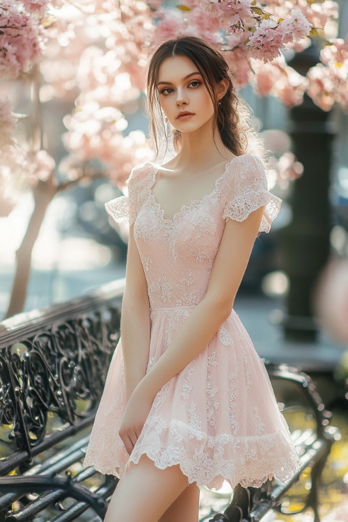 A woman in a blush pink short A-line dress with a sweetheart neckline, lace detailing, and flutter sleeves