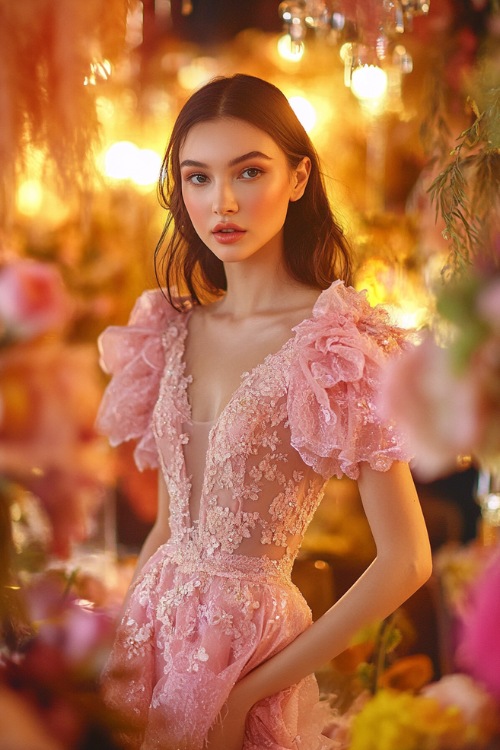 A woman in a blush pink short wrap dress with flutter sleeves, a tulip hemline, and floral lace appliqués