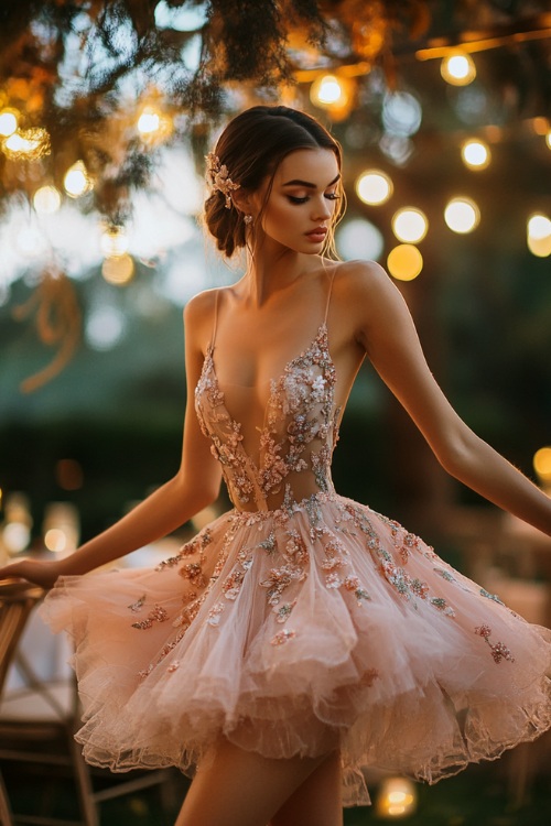 A woman in a blush pink sleeveless short dress with a sweetheart neckline, a flared skirt, and floral embroidery