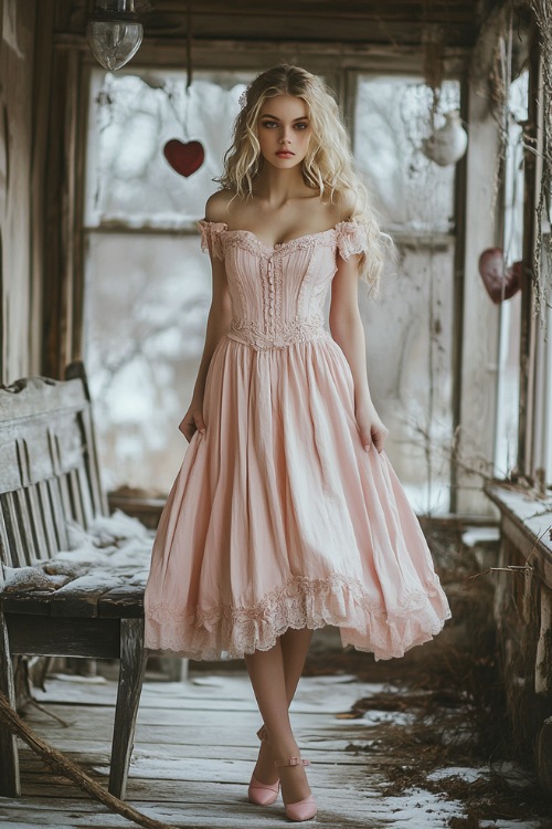 A woman in a blush pink tea-length midi dress with a square neckline, a gathered bodice, and lace detailing (2)