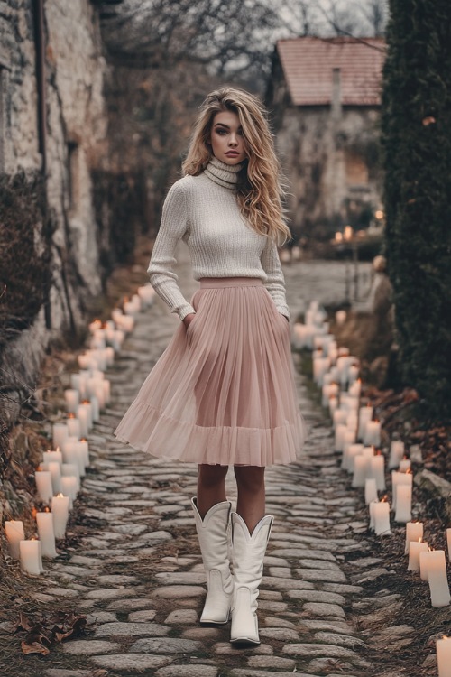 A woman in a blush pink wrap skirt with a white turtleneck sweater and white cowboy boots