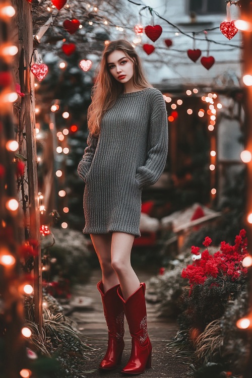 A woman in a cozy gray knit sweater dress paired with red cowboy boots