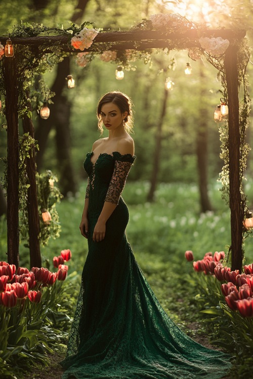 A woman in a deep emerald green floor-length dress with an off-shoulder neckline, floral lace detailing