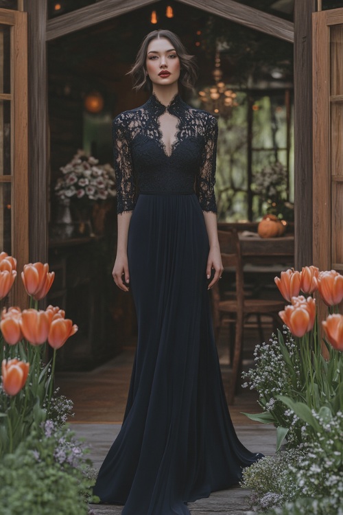 A woman in a deep navy wrap maxi dress with a high neckline, lace sleeves, and a flowing hemline (2)