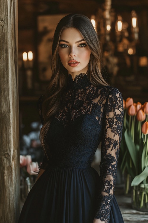 A woman in a deep navy wrap maxi dress with a high neckline, lace sleeves, and a flowing hemline