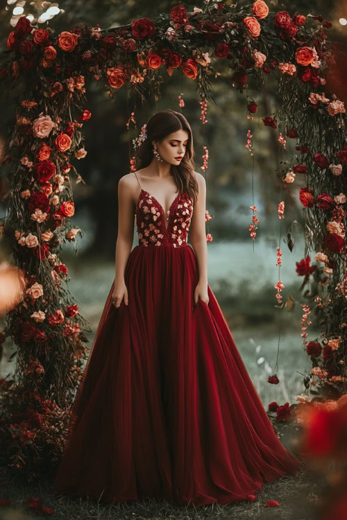 A woman in a deep red A-line gown with a sweetheart neckline, floral lace appliqués, and a flowing pleated skirt