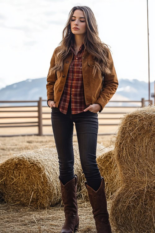 A woman in a flannel shirt layered under a tan suede jacket, paired with dark skinny jeans and brown knee-high cowboy boots (2)