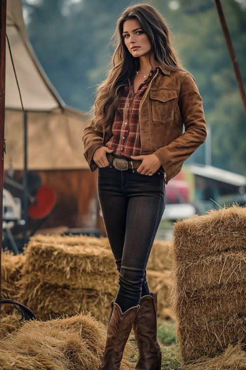 A woman in a flannel shirt layered under a tan suede jacket, paired with dark skinny jeans and brown knee-high cowboy boots (3)