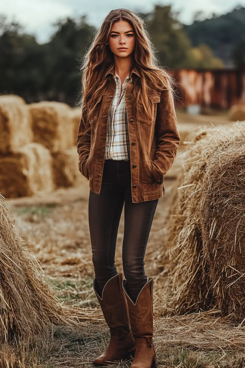 A woman in a flannel shirt layered under a tan suede jacket, paired with dark skinny jeans and brown knee-high cowboy boots