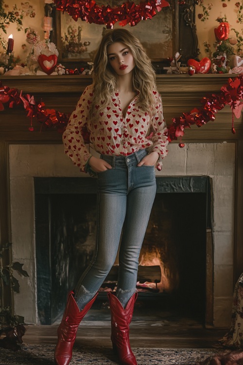 A woman in a heart-print blouse paired with skinny jeans and red cowboy boots