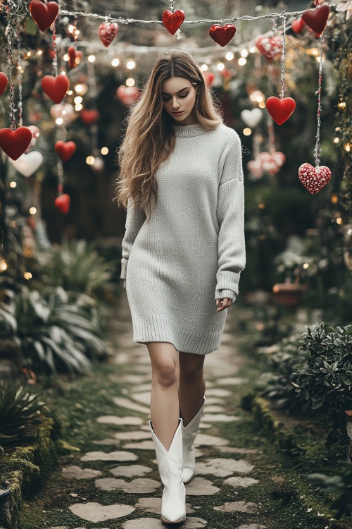 A woman in a light gray sweater dress styled with white cowboy boots