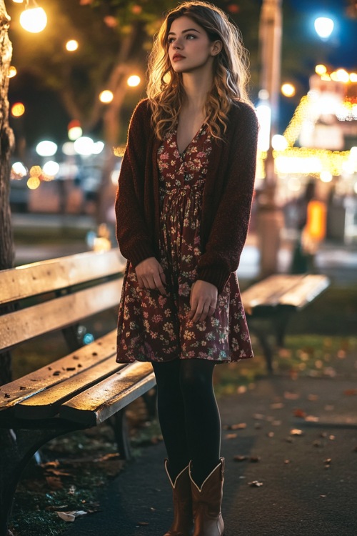 A woman in a long cardigan layered over a floral midi dress, paired with tights and classic cowboy boots