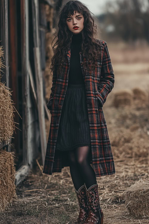 A woman in a long flannel coat over a black turtleneck dress, styled with tights and embroidered cowboy boots