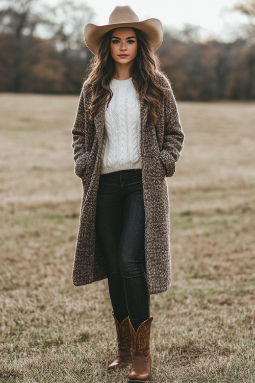 A woman in a long-line wool coat over a white cable-knit sweater, styled with dark skinny jeans, brown cowboy boots, and a wide-brim hat (2)