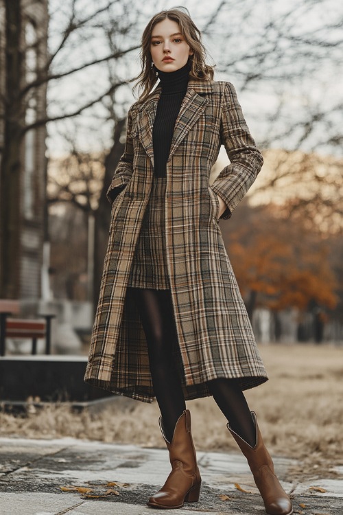 A woman in a long plaid coat layered over a turtleneck dress, styled with black tights and brown leather cowboy boots, posing near a softly lit outdoor stage