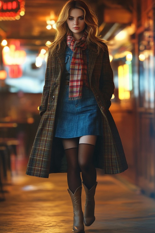 A woman in a long wool coat over a plaid scarf, paired with a denim skirt, tights, and heeled cowboy boots