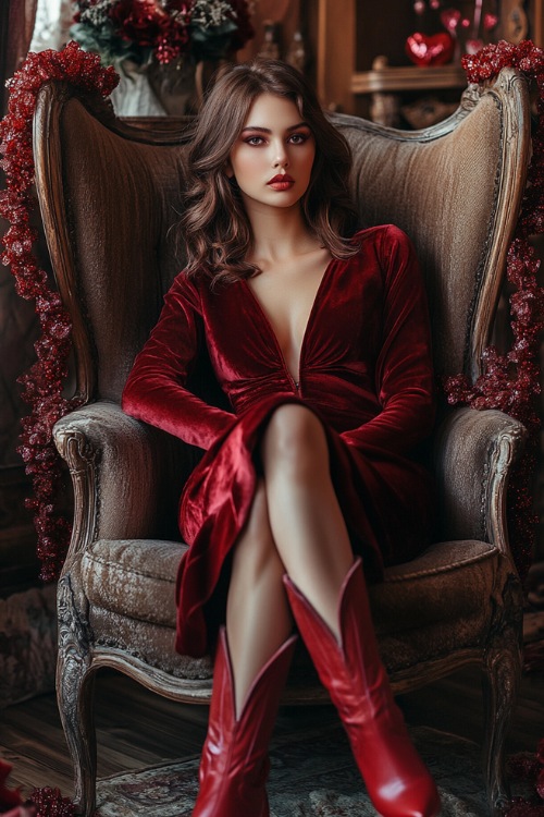 A woman in a maroon velvet dress and red cowboy boots, sitting on a vintage chair surrounded by Valentine garlands