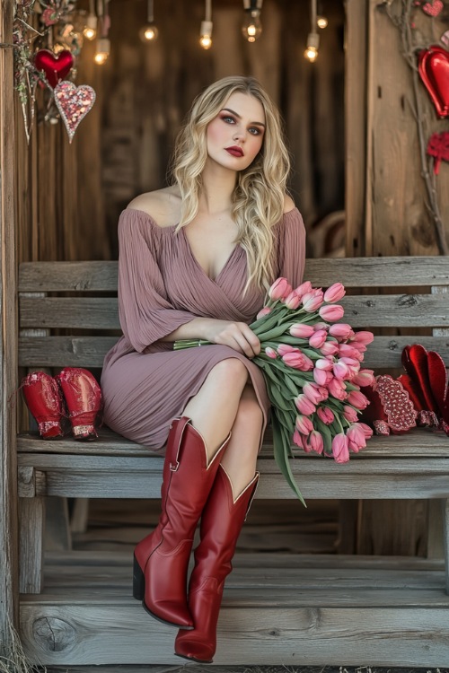 A woman in a mauve wrap dress and red cowboy boots, holding a bouquet of pink tulips