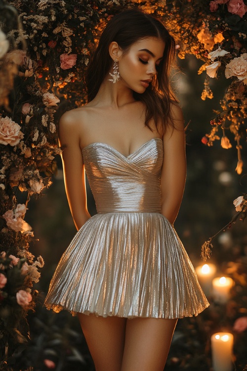 A woman in a metallic silver short dress with an illusion neckline, a fitted bodice, and pleated detailing