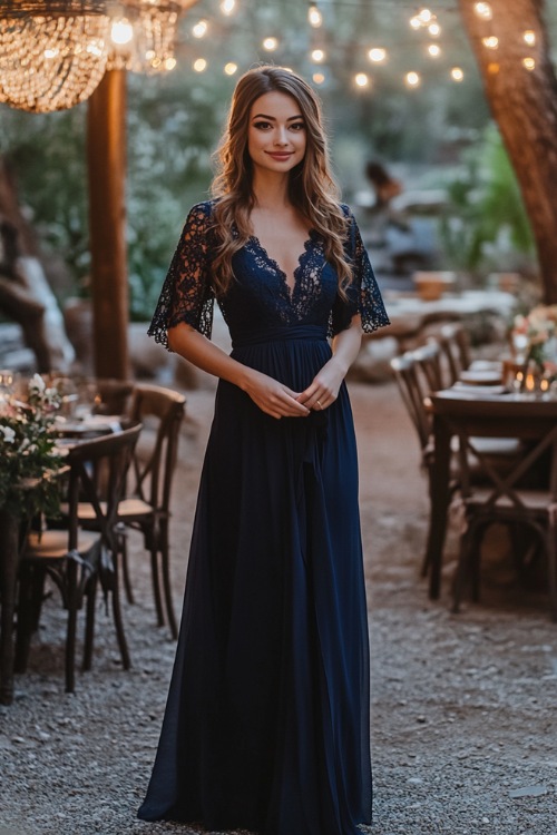 A woman in a navy maxi wrap dress with flutter sleeves, floral lace detailing, and a flowing tulip hemline