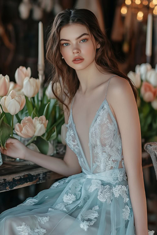 A woman in a pastel blue midi wrap dress with an asymmetrical hemline, a cinched waist, and side floral lace accents