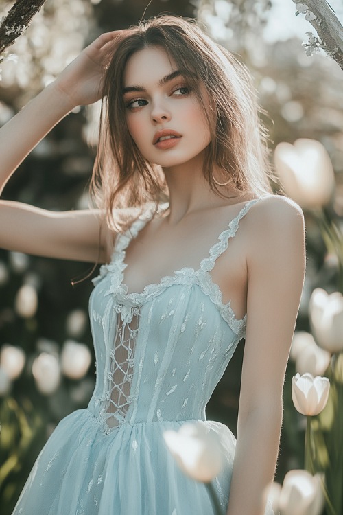 A woman in a pastel blue sleeveless short dress with a scalloped neckline, subtle ruffles, and a cinched waist (2)