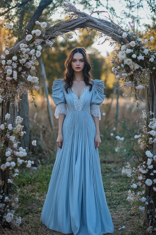 A woman in a pastel blue tea-length wrap dress with flutter sleeves, a pleated skirt, and lace accents (2)