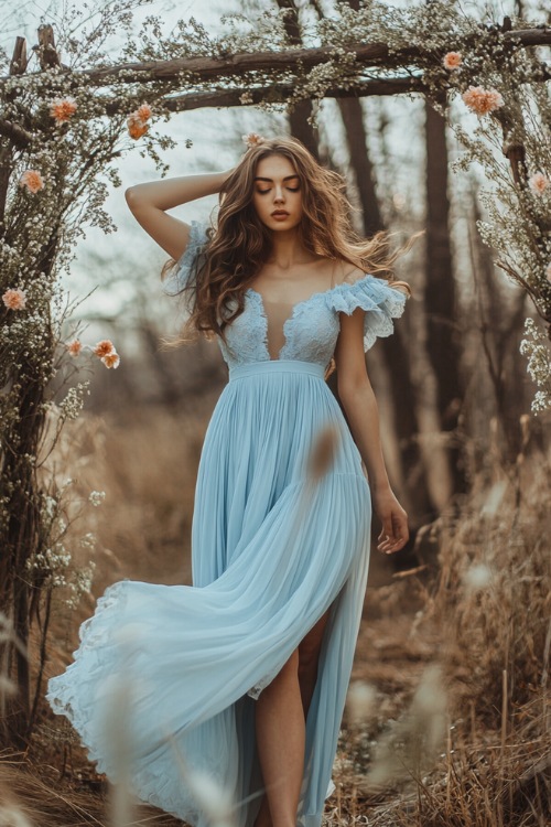 A woman in a pastel blue tea-length wrap dress with flutter sleeves, a pleated skirt, and lace accents