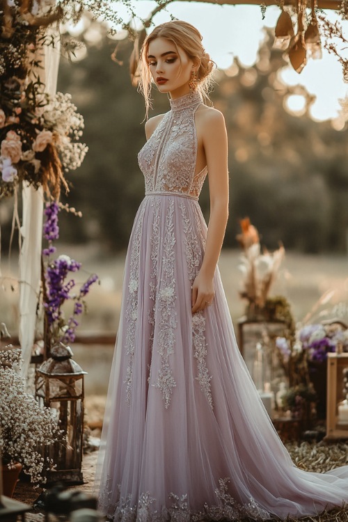 A woman in a pastel lavender floor-length dress with a high neckline, a gathered waist, and intricate embroidery (2)