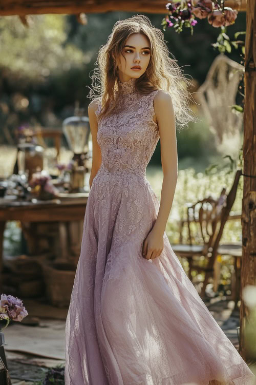 A woman in a pastel lavender floor-length dress with a high neckline, a gathered waist, and intricate embroidery (3)