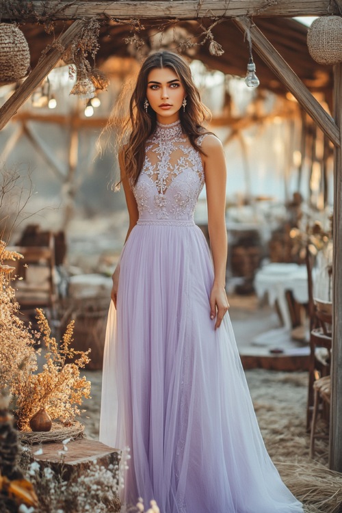 A woman in a pastel lavender floor-length dress with a high neckline, a gathered waist, and intricate embroidery