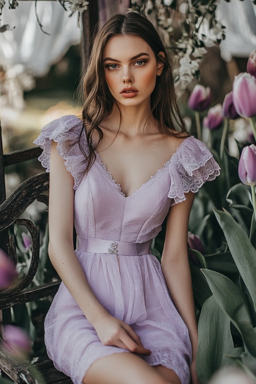 A woman in a pastel lavender short wrap dress with flutter sleeves, a tulip hemline, and lace detailing