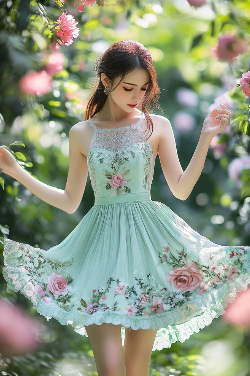 A woman in a pastel mint green sleeveless A-line short dress with a pleated hem, floral prints, and lace accents (2)