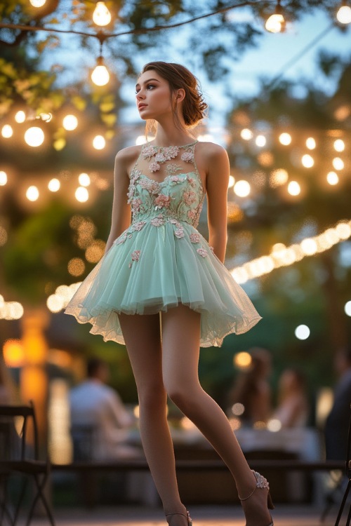 A woman in a pastel mint green sleeveless short bubble dress with floral lace appliqués, a ruched bodice, and a flared hemline