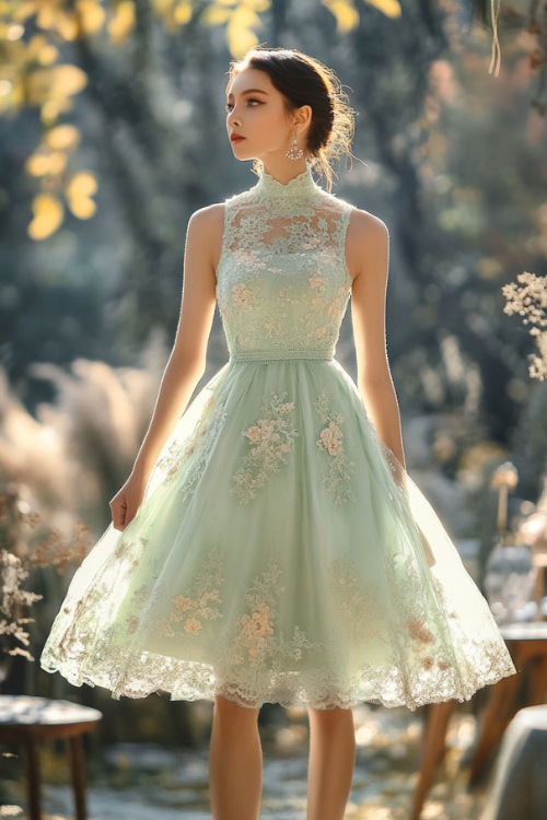 A woman in a pastel mint green sleeveless short bubble dress with floral lace appliqués, a ruched bodice