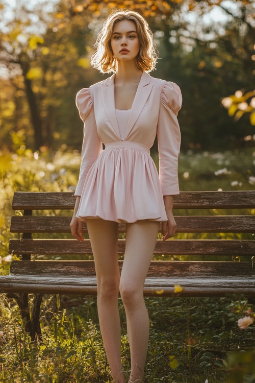 A woman in a pastel pink knee-length dress with a gathered waist, puff sleeves, and a cropped blazer