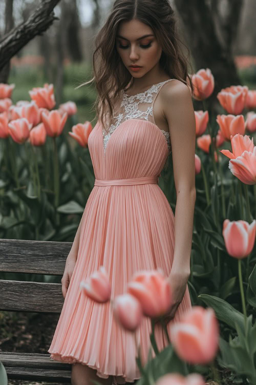 A woman in a pastel pink sleeveless midi dress with a pleated hemline, a sweetheart neckline, and floral lace accents