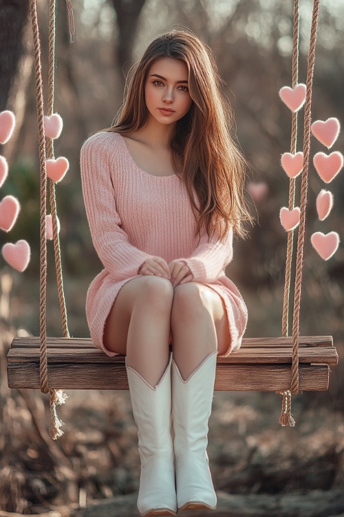 A woman in a pink cashmere sweater dress and white cowboy boots, sitting on a wooden swing decorated with Valentine heart garlands